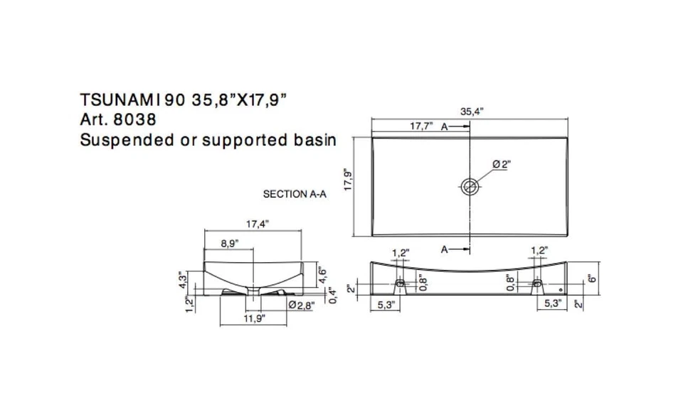 Fregadero de recipiente Scarabeo 8038 Tsunami 90 rectangular de cerámica montado en la pared blanco Foto 2 de 4