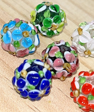 Murano Glas Glasperlen Perlen mit Blumen + Loch Rund 7Stück 11-12mm Kristall DIY