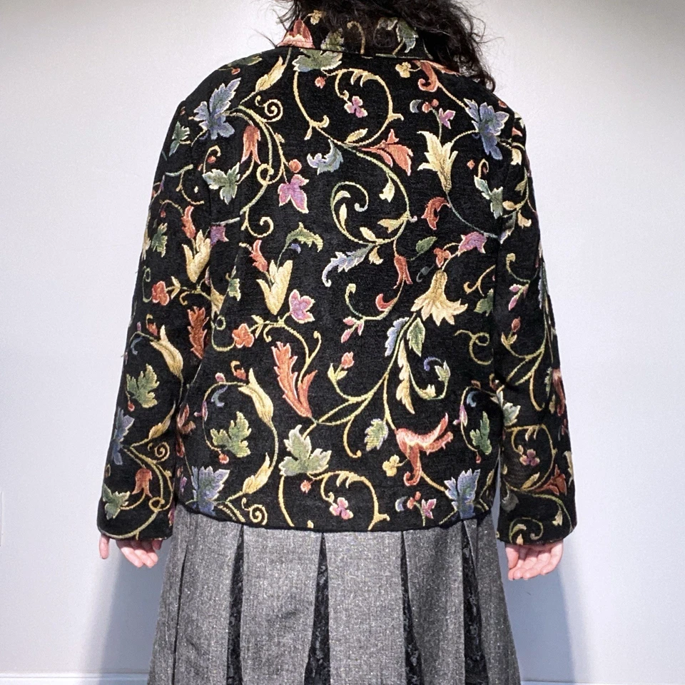 Винтажный 90-х «Портрет» черный и многоцветный цветочный лист гобелен молнии куртка XL - Изображение 4 из 4