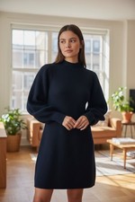 A Loves A Black Knit Sweater Dress M Mock Neck Puff Sleeve Minimalist Ribbed