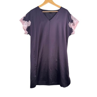 Natori Plum Lace Trim V Neck Short Sleeve Nightgown whimsigoth satin 90s sz M