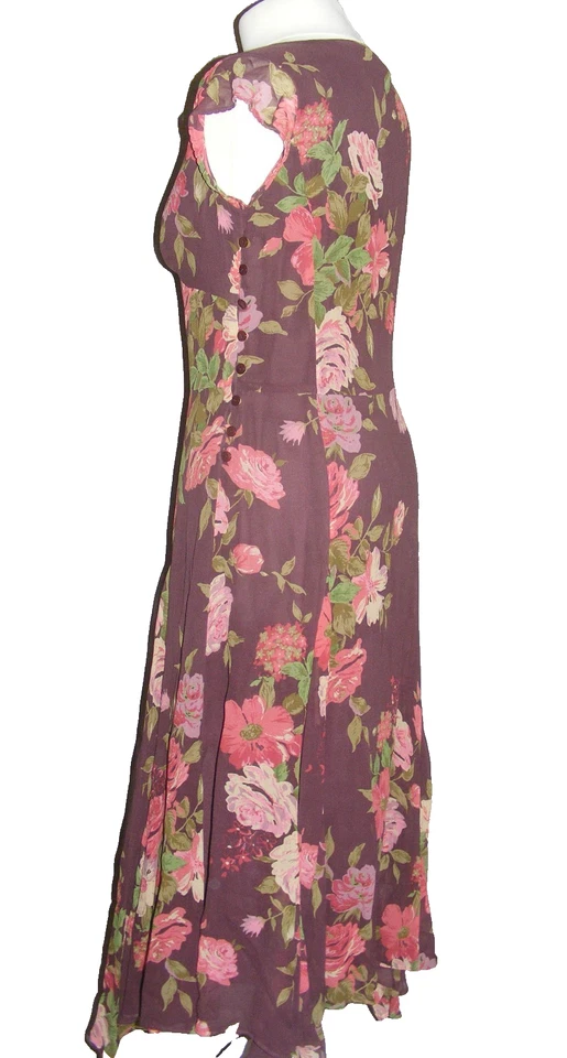 Laura Ashley pure silk tea dress 1940s sz 10 midi cap sleeve purple floral print - Image 4 of 4