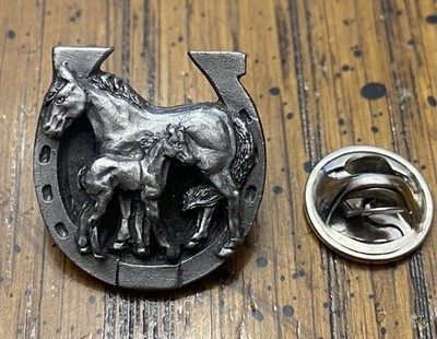 Vintage Pewter Tone Mare & Colt Tac Lapel Pin 7/8  