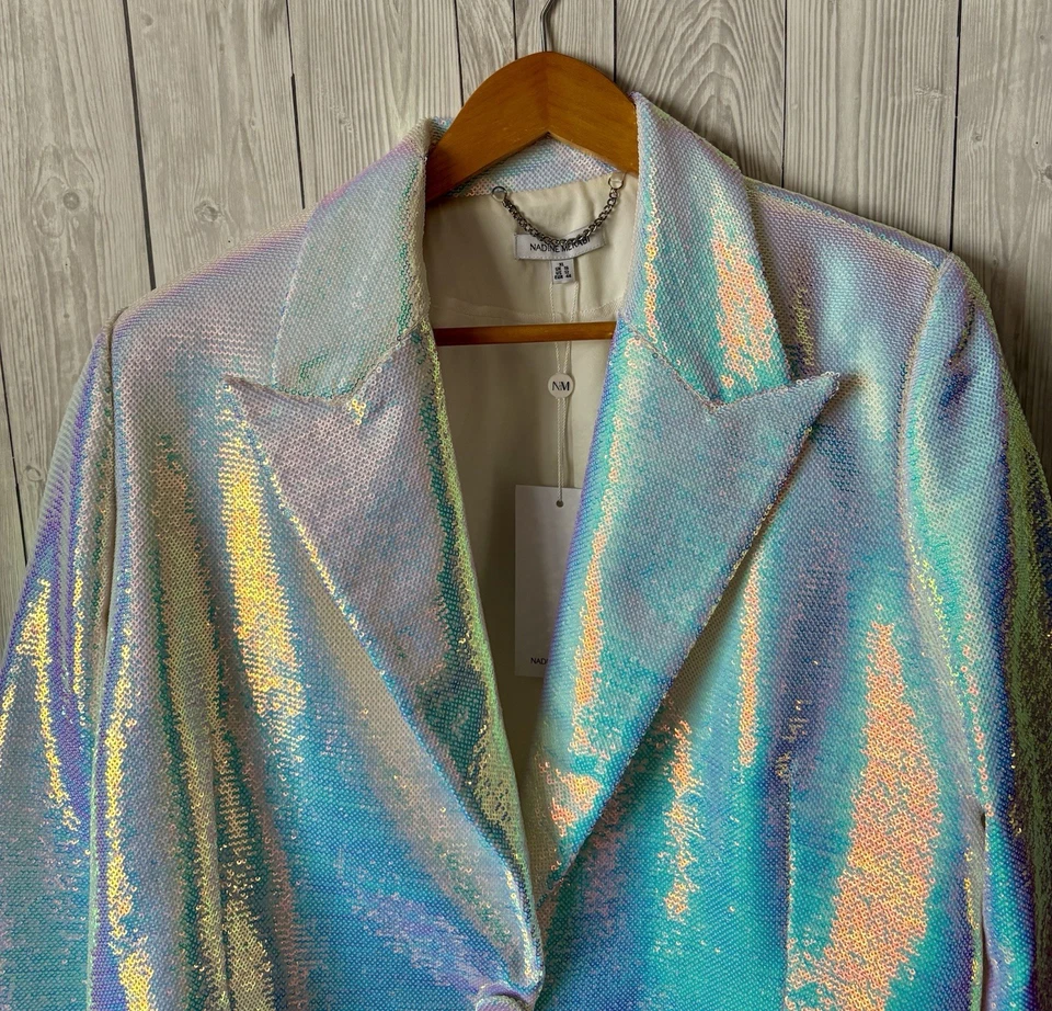 Nadine Merabi Sequin Blazer White Iridescent Jacket Size XL UK 16 Party Cocktail - Image 2 of 4