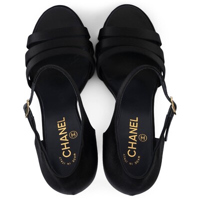 靴 CHANEL Canvas black heel sandls 70203 auth CHANEL black satin 2022 22K PEARL HEEL Sandals