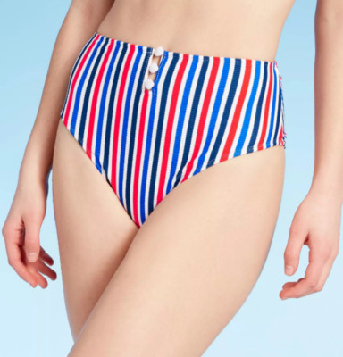 Xhilaration Juniors' M Ribbed Bikini Bottom Button-Front High Waist Red Stripe