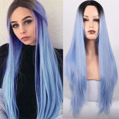 Long Straight Synthetic Ombre Hair Light Blue Wig with Black Roots for  Women