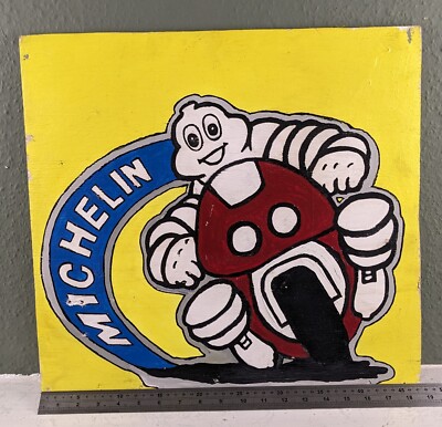 Oldtimer Michelin Reifen Werbeschild gelb handbemalt Öl auf Sperrholzplatte