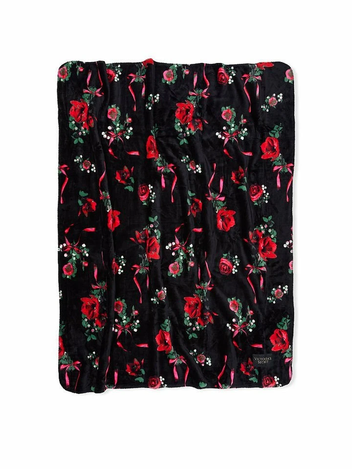 Victoria's Secret Floral Sherpa Manta Acogedora Felpa Negro Rojo Rosas 50" x 60" $68 Foto 2 de 4