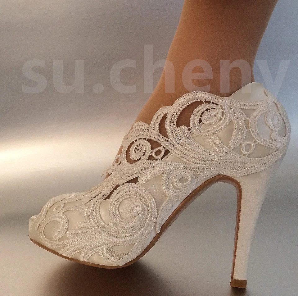 su.cheny 8/10 cm Tacón Perla Blanco Marfil Seda Encaje Puntera Abierta Boda Novia Zapatos Foto 3 de 4