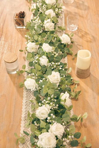 5.91FT Artificial Eucalyptus Garland with Flowers, Fake Flower Rose Gypsophila,
