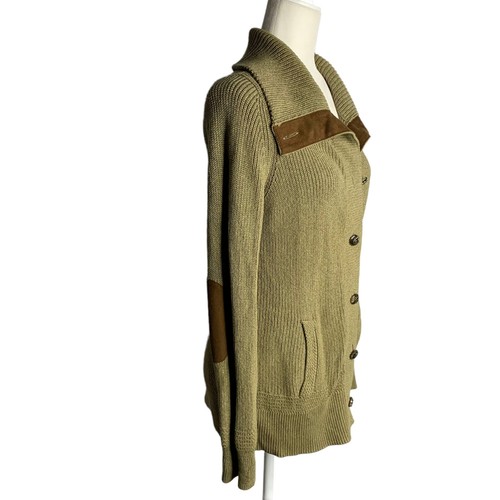 Lauren Ralph Lauren Cardigan Sweater M Green Brown Button Up Pockets Elbow Patch - Picture 3 of 8