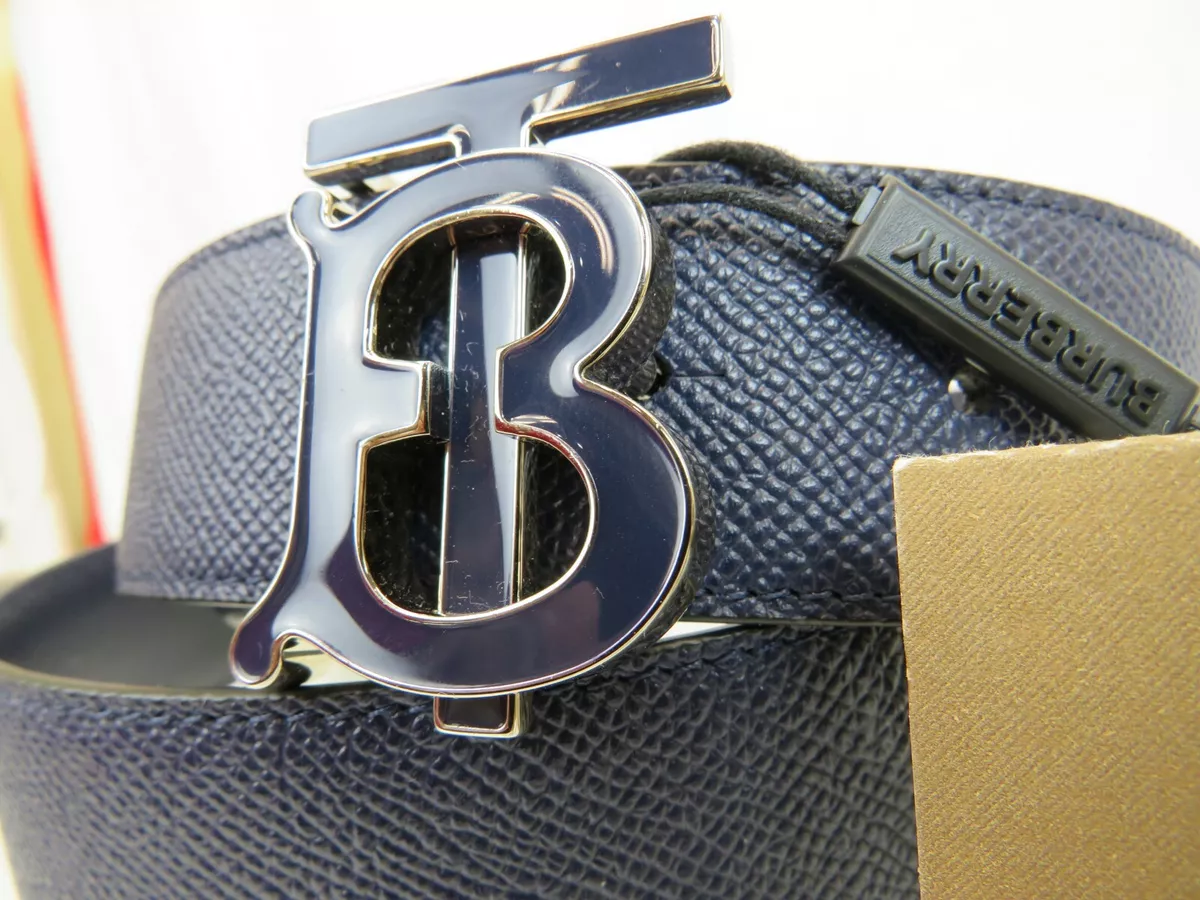 NWT BURBERRY TB 35 GRAIN NAVY BLUE LEATHER ENAMEL BUCKLE LOGO BELT