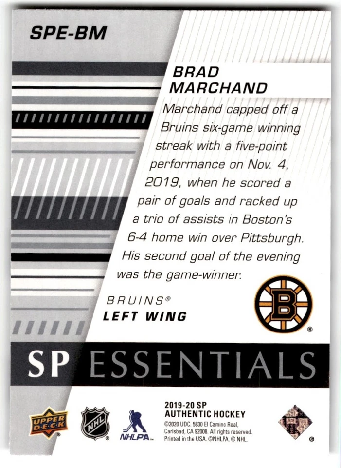 2019-20 SP Authentic Essentials Brad Marchand #SPE-BM Boston Bruins - Image 2 of 2