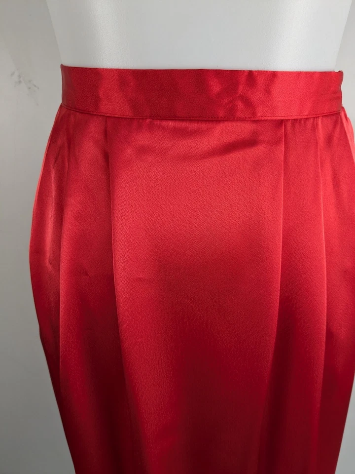 Falda Lápiz Brillante Satén Líquido Años 80 De Colección Rojo Cereza Abertura Lateral Disco Cóctel 27"W Foto 2 de 4