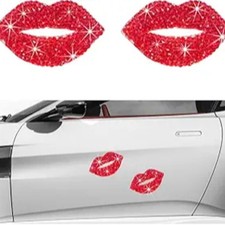 2 PCS Rhinestone Car Stickers, 1.77" 1.38" Large Bling Paw Print Car Red Lip