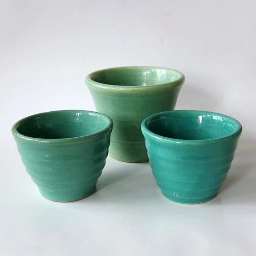 Vintage Bauer Pottery Green Blue Step #3 Flower Pot Planter + Ring Custard Cups