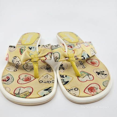CHANEL Vintage 2006 Y2k Thong Flip Flops Sandals 37 7 Yellow Valentine Hearts - Picture 8 of 12