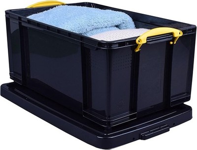 Really Useful Box 64L Solid Black Yellow Handle Clear Pack 2 NEXT DAY DELIVERY