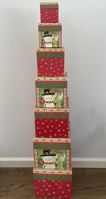 LANG BOXES NESTING SET OF 7 BOXES ''TAKE JOY'' JOLLY SNOWMAN THEME - RARE! NEW