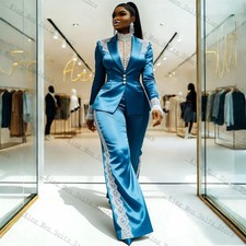 Lace Blue Satin Women Suit Set 2 Pcs Blazer Loose Pants Trousers Formal Coat
