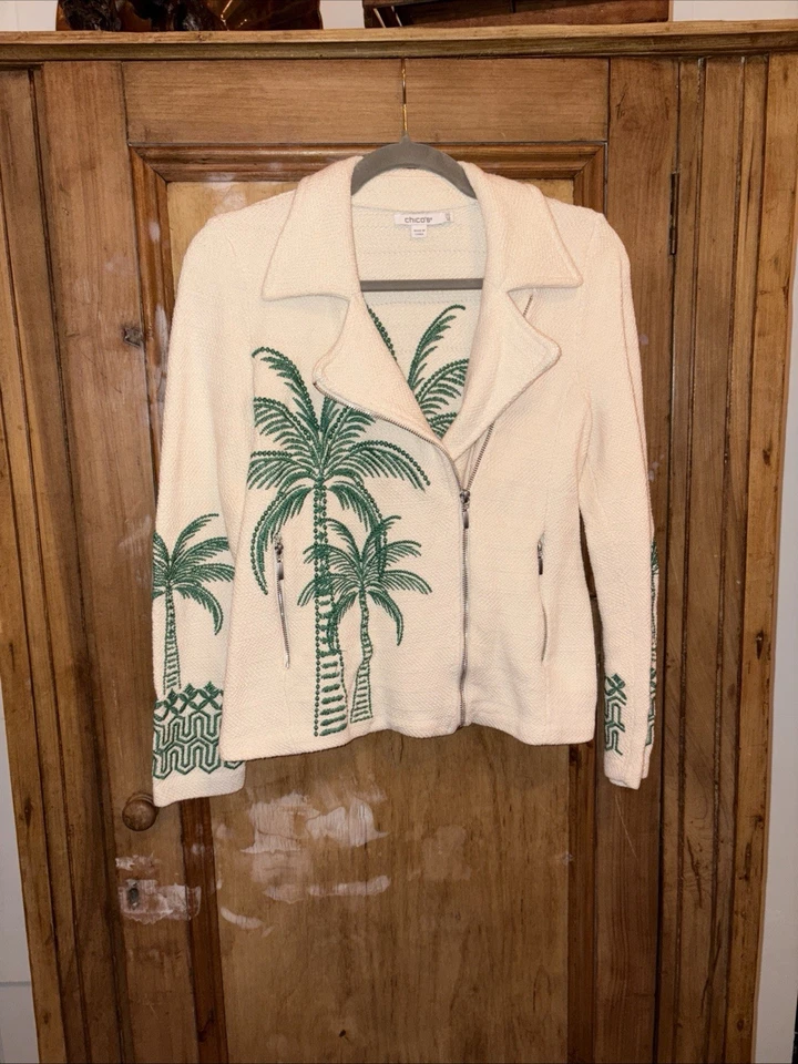 Chaqueta Chico’s Bordada Palmera Talla 00 US XSKnit Moto Bolsillos Cremallera Frontal Foto 3 de 4