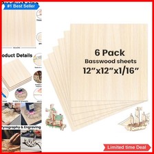 6 Pack Basswood Sheets 12x12 Inch 1/16 Thin Wood for Crafts Laser Cutting DIY