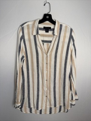 Tahari Women's M Long Roll Tab Sl Linen Blend Striped Button Shirt Pristine B28