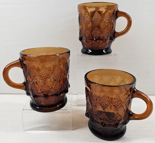 3 Fire King Anchor Hocking Kimberly Amber Mugs Set Vintage Diamond Retro MCM Lot