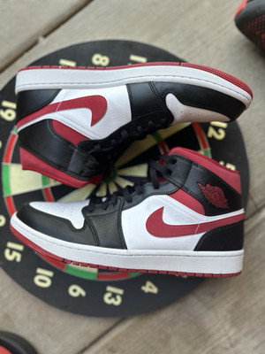 Nike Air Jordan 1 Mid Black White Red Colorblock Men's Mid Top Leather Sneakers