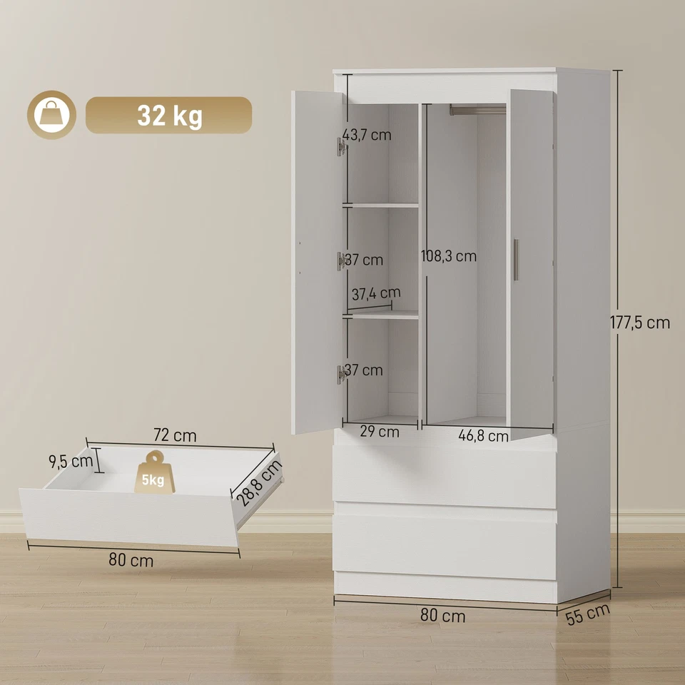 Kleiderschrank mit 2 Soft-Close-Türen Garderobenschrank mit 2 Schubladen Weiß - Bild 4 von 4