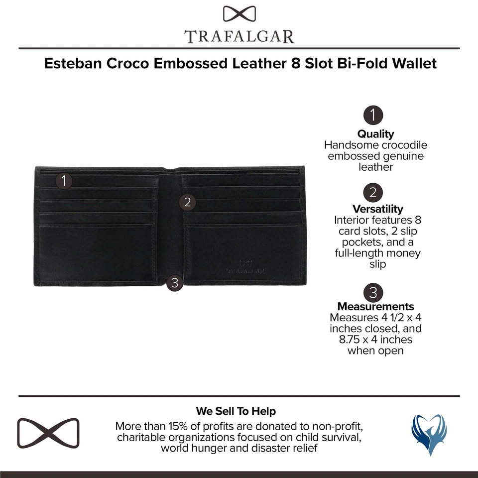 Cartera de hombre Esteban Croco cuero en relieve 8 ranuras doble pliegue, negra Foto 2 de 4