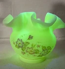 Vtg Fenton URANIUM Satin Custard Glass Crimped 3 1/2” Vase Floral Signed