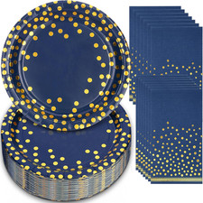 100PCS Blue Paper Plates and Napkins, Blue and Gold Party Decorations for Birthd