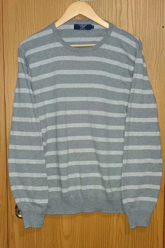 J Crew Cotton With Cashmere Sweater Womens Size XL geey Gray Stripes Ribbed...