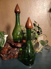 1962 Zielona karafka Duraglas butelki z orzechowymi blatami, EUC