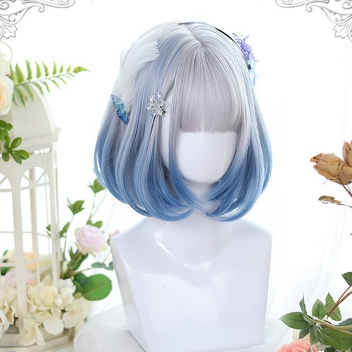 Pelucas de anime sintéticas cortas Bob color lolita Air Bangs naturales falsas negras azules - Imagen 43 de 46