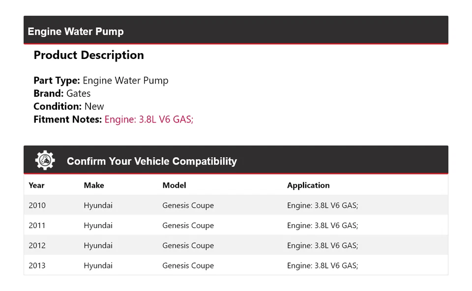 Portões de bomba de água 2011 motor Hyundai Genesis Coupe 3.8L V6 GAS 2010-2013 - Imagem 2 de 4