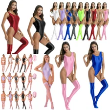 Womens Glossy Bodysuit High Cut Leotard Swimsuit+Short Stockings Tights Jumpsuit