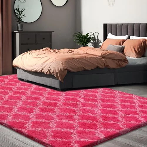 Alfombra de felpa 4x6 pies alfombras de pelo alto para 4' x 6' (rectangular) rosa intenso/blanco Foto 3 de 4