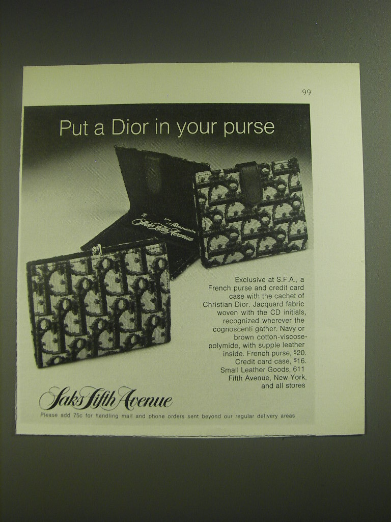 1974 Saks Fifth Avenue Ad Christian Dior French Purse and Credit