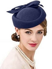 Navy Blue Wool Felt Beret  Fascinator Hats For Women Party Bow Derby Pillbox Hat