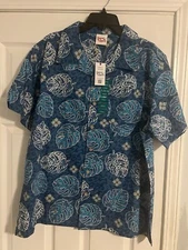 Barefoot In Paradise Blue Palm Leaves Print Hawaiian Shirt Men's Size L