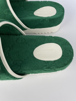 Adidas x Gucci GG Platform Slides Sandals Green Terry Cloth  display picture 1