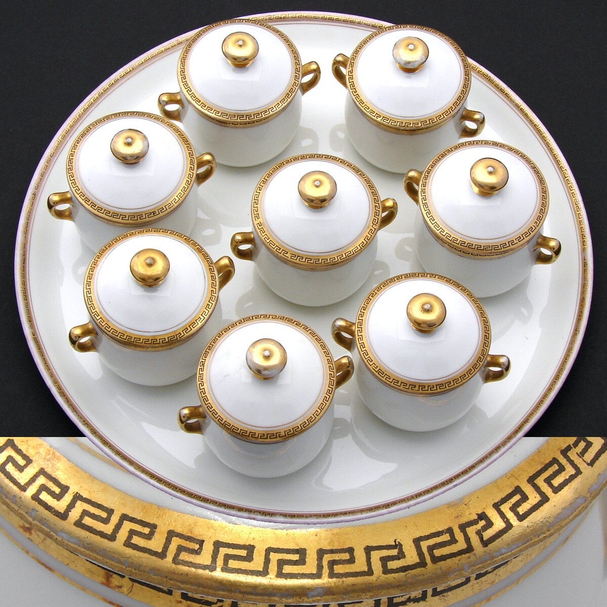 Antique French Legrand & Co. Limoges Gold Enamel 8pc Pot de Creme Set