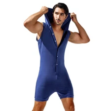 New Mens Button Hooded Rompers Sport Fitness Bodysuit Shorts Jumpsuit M L XL XXL
