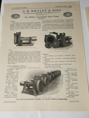1923 Kopalnia reklamowa Ad A.R. WILFLEY & SONS Odśrodkowe pompy do piasku Denver CO