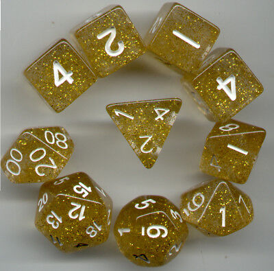 RPG Dice 10pc Glitter Yellow 1 @ D4 D8 D10 D12 D20 D00-10 & 4 D6
