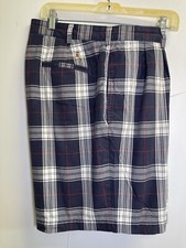 Tommy Hilfiger Golf Shorts Mens 36 Vintage Pleated Navy Blue Plaid Crest Logo