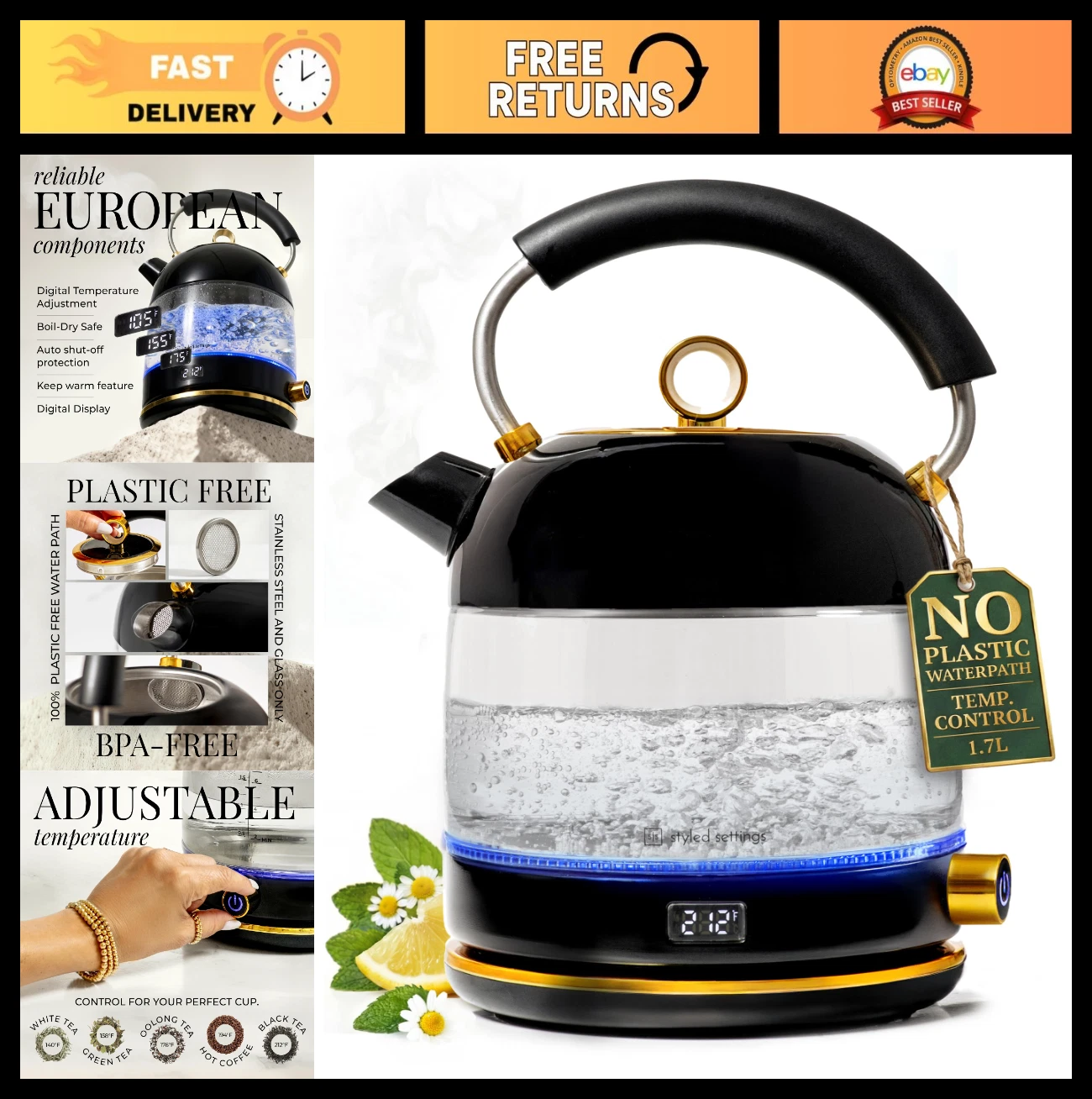 Stainless Steel Electric Kettle - Glass, Auto Shut Off, Keep Warm, 1500W, Temp C
